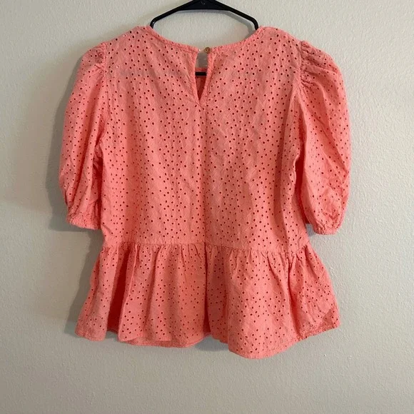 Nanette Lepore Eyelet Blouse Womens S Coral Pink Puff Sleeve Peplum Top - Picture 2 of 6